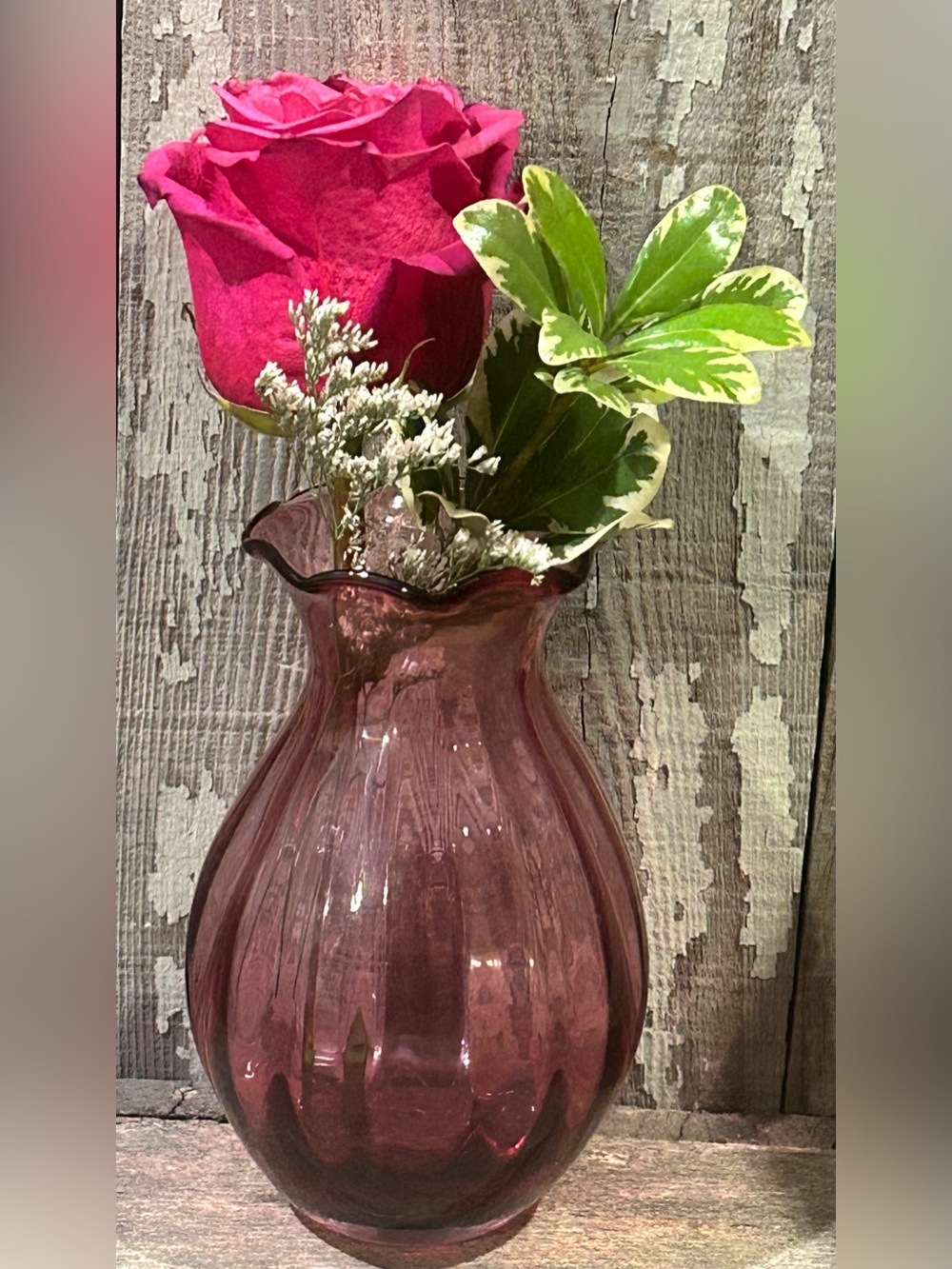 Vintage Hand-Blown Cranberry Glass Fluted Melon Vase